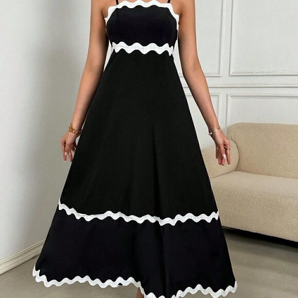 . Dresses & Skirts - Black Boho Womens Color Block Woven Strap Splice Sleeveless Dress